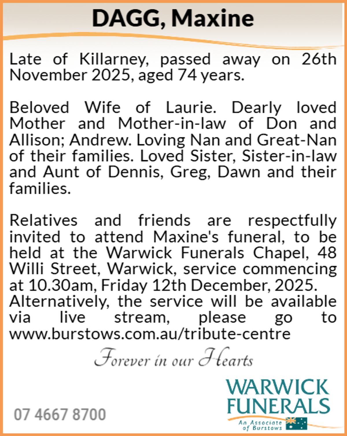 Funeral notice for Maxine Dagg