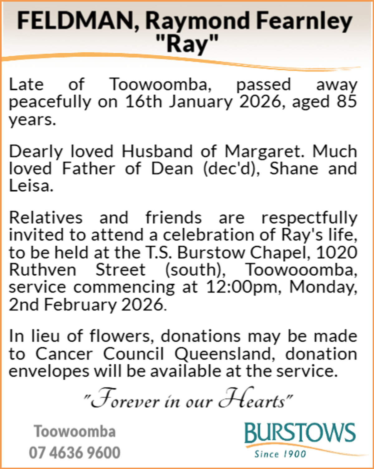 Funeral notice for Raymond Fearnley Feldman