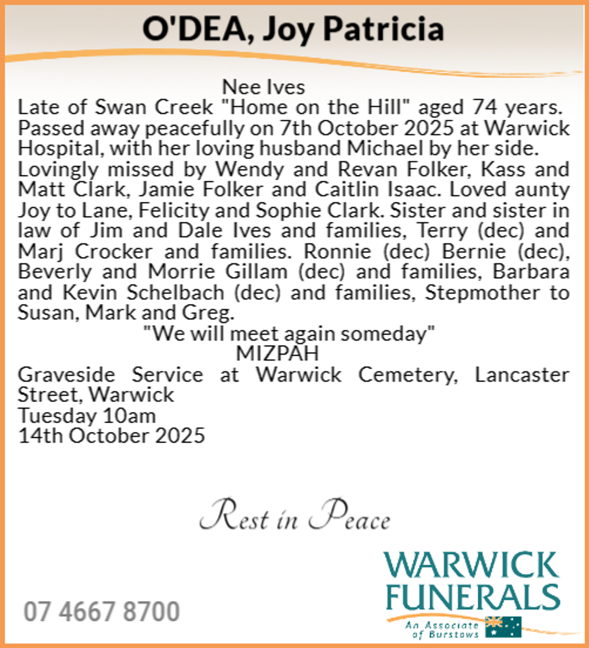 Funeral notice for Joy Patricia O'Dea