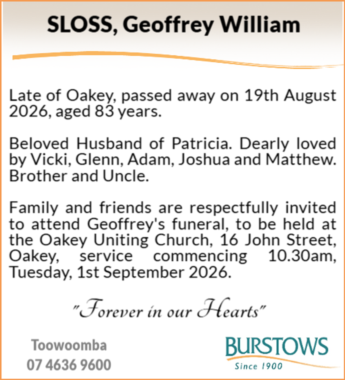 Funeral notice for Geoffrey William Sloss