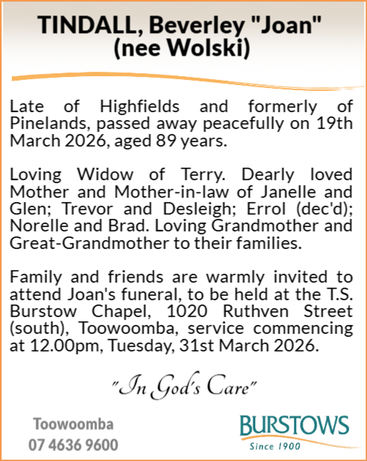 Funeral notice for Beverley Joan Tindall