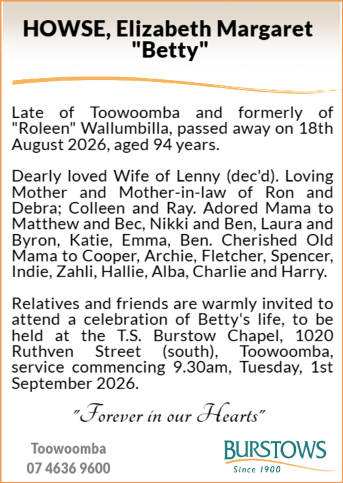 Funeral notice for Elizabeth Margaret Howse
