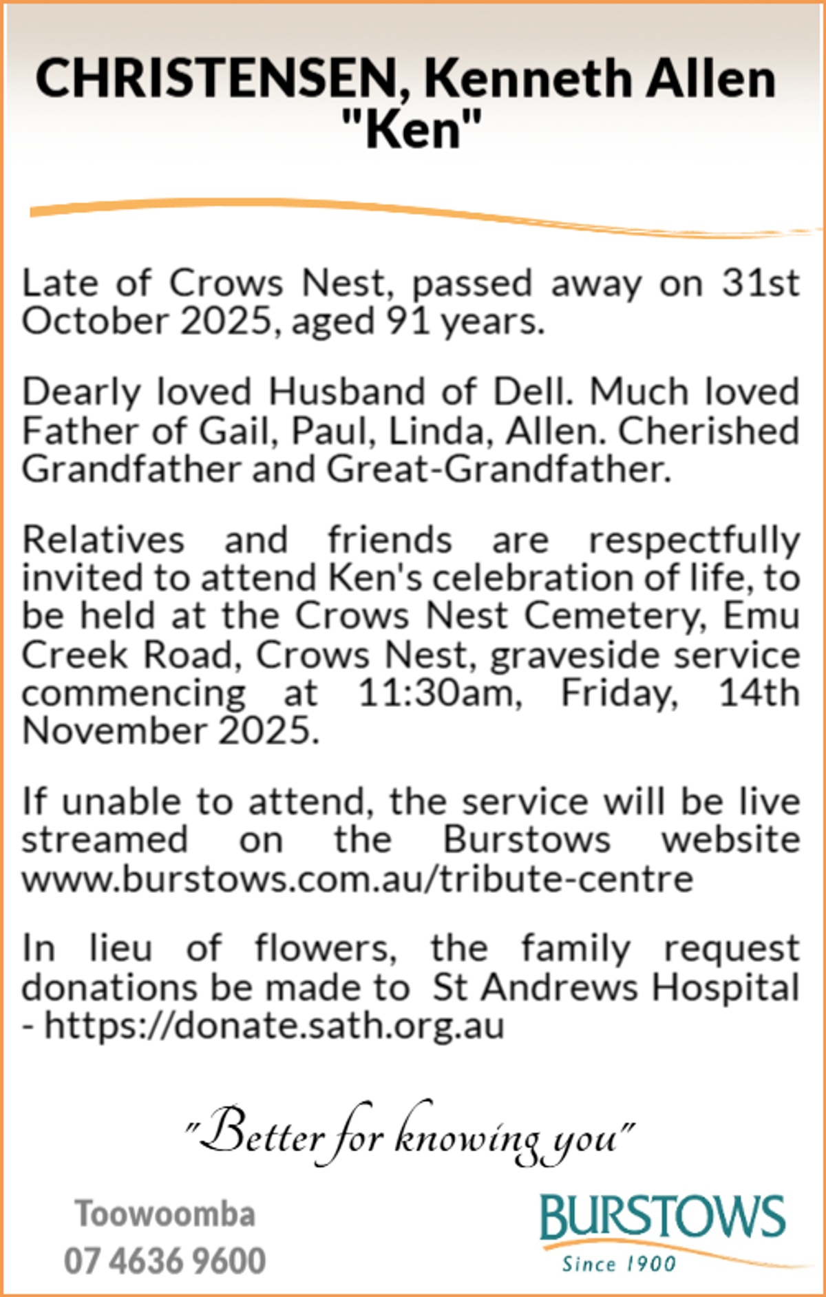 Funeral notice for Kenneth Allen Christensen