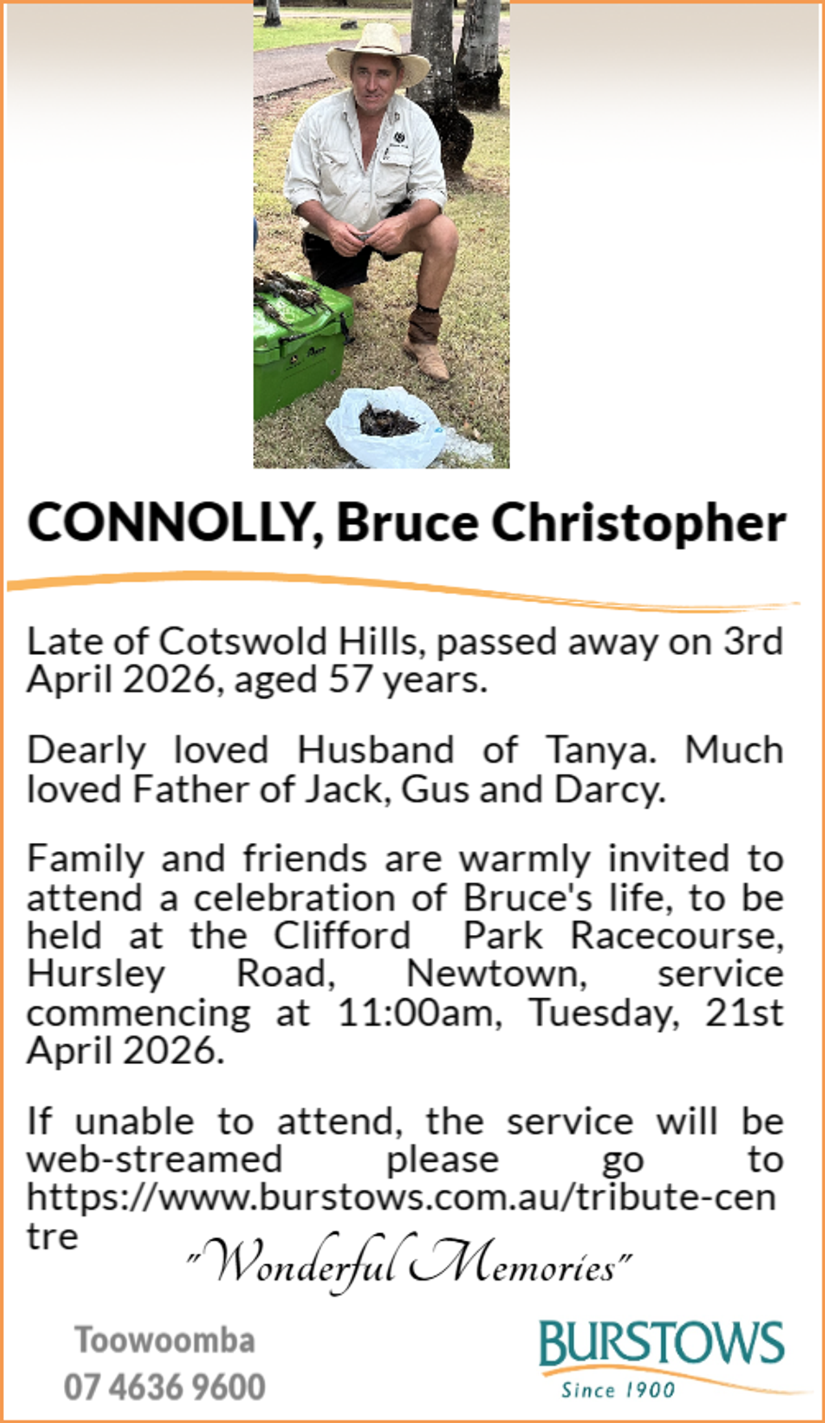 Funeral notice for Bruce Christopher Connolly