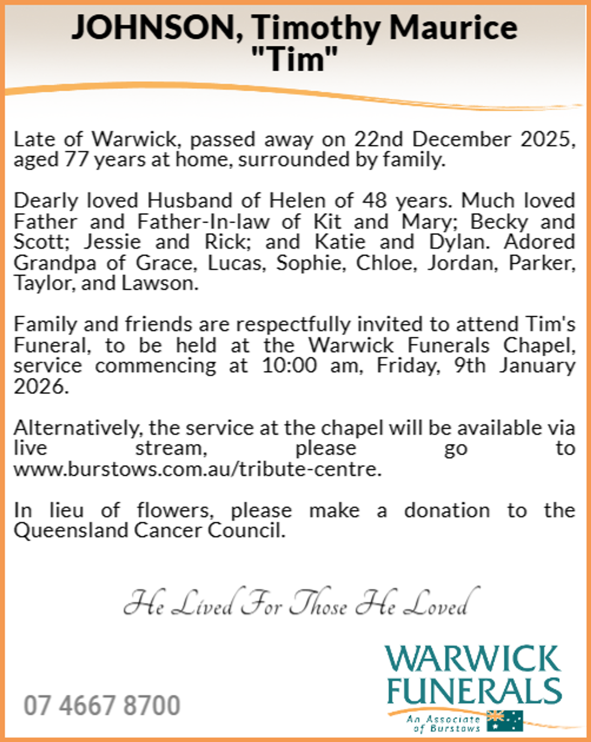 Funeral notice for Timothy Maurice Johnson