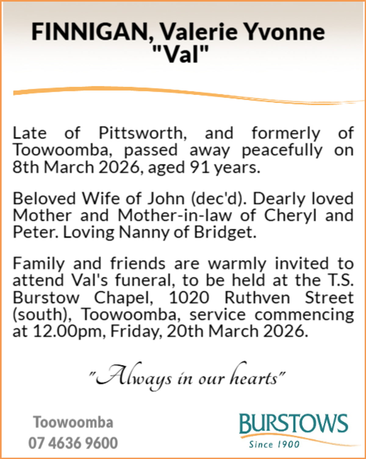 Funeral notice for Valerie Yvonne Finnigan