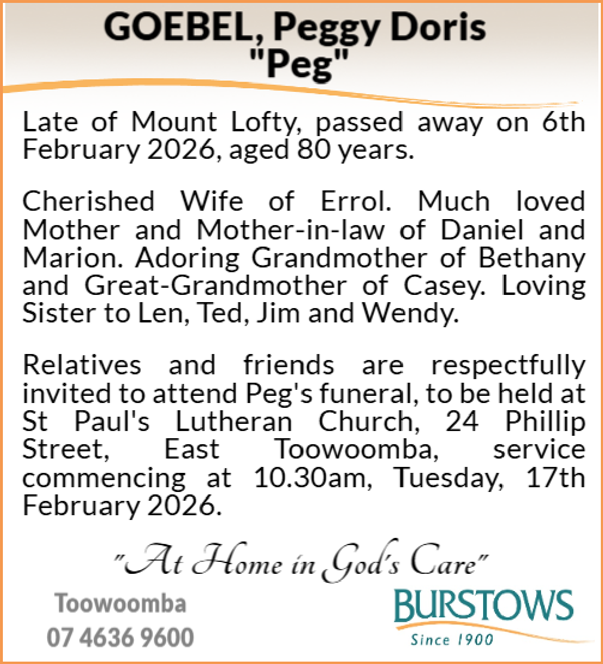 Funeral notice for Peggy Doris Goebel