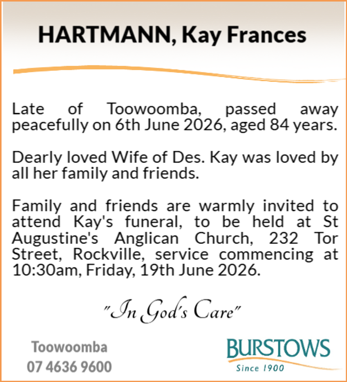 Funeral notice for Kay Frances Hartmann