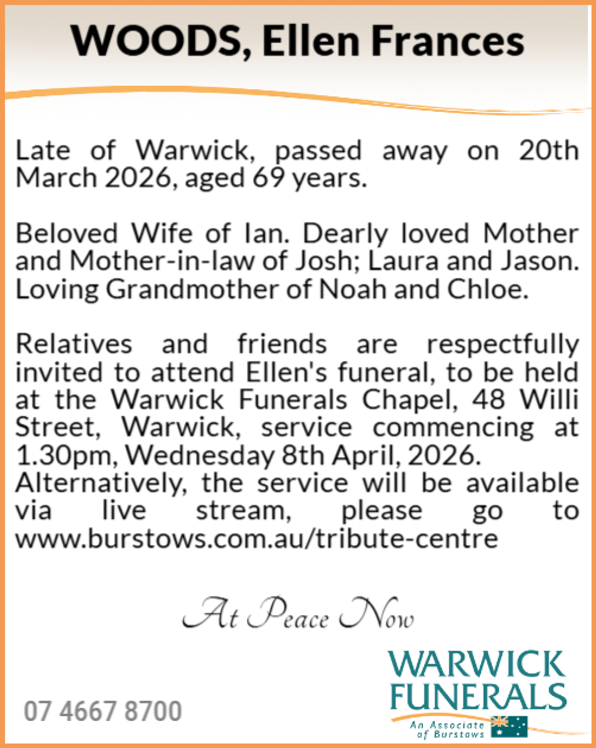 Funeral notice for Ellen Frances Woods
