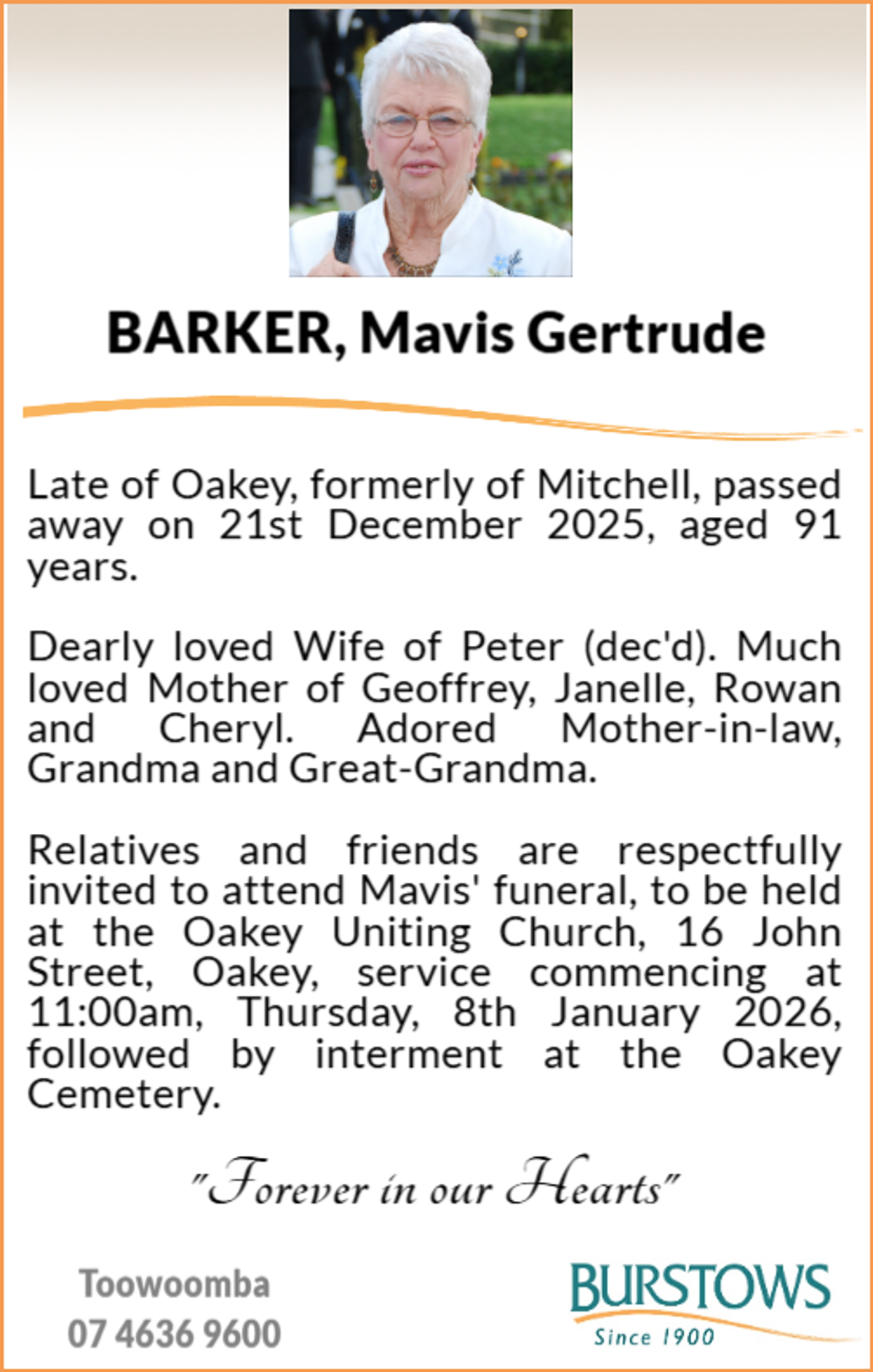 Funeral notice for Mavis Gertrude Barker