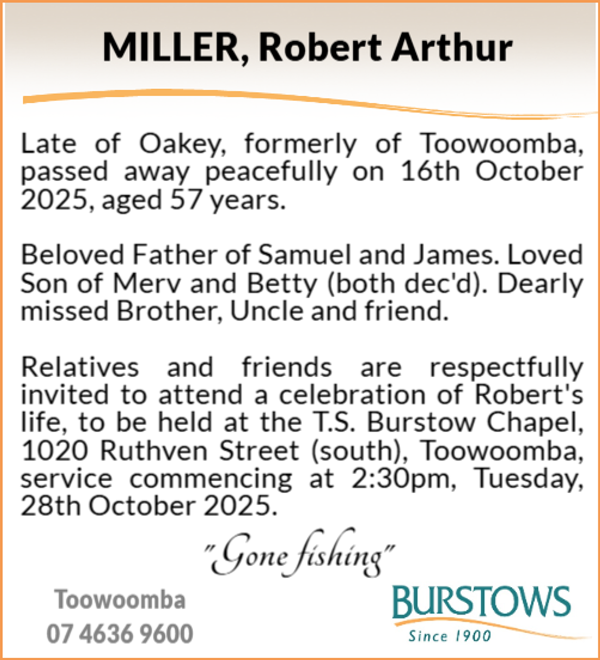 Funeral notice for Robert Arthur Miller