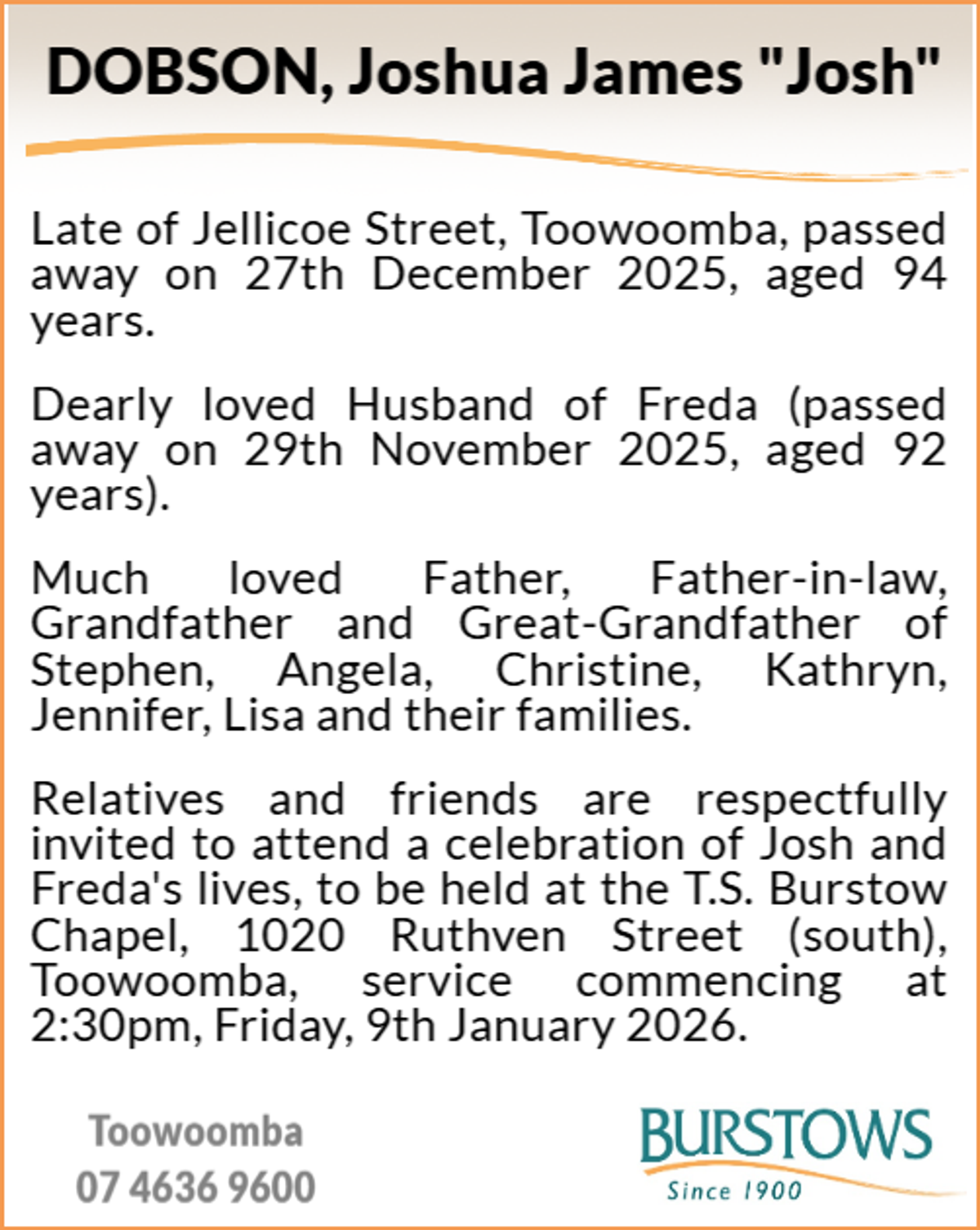 Funeral notice for Joshua James Dobson