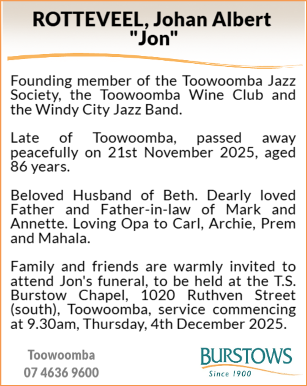 Funeral notice for Johan Albert Rotteveel