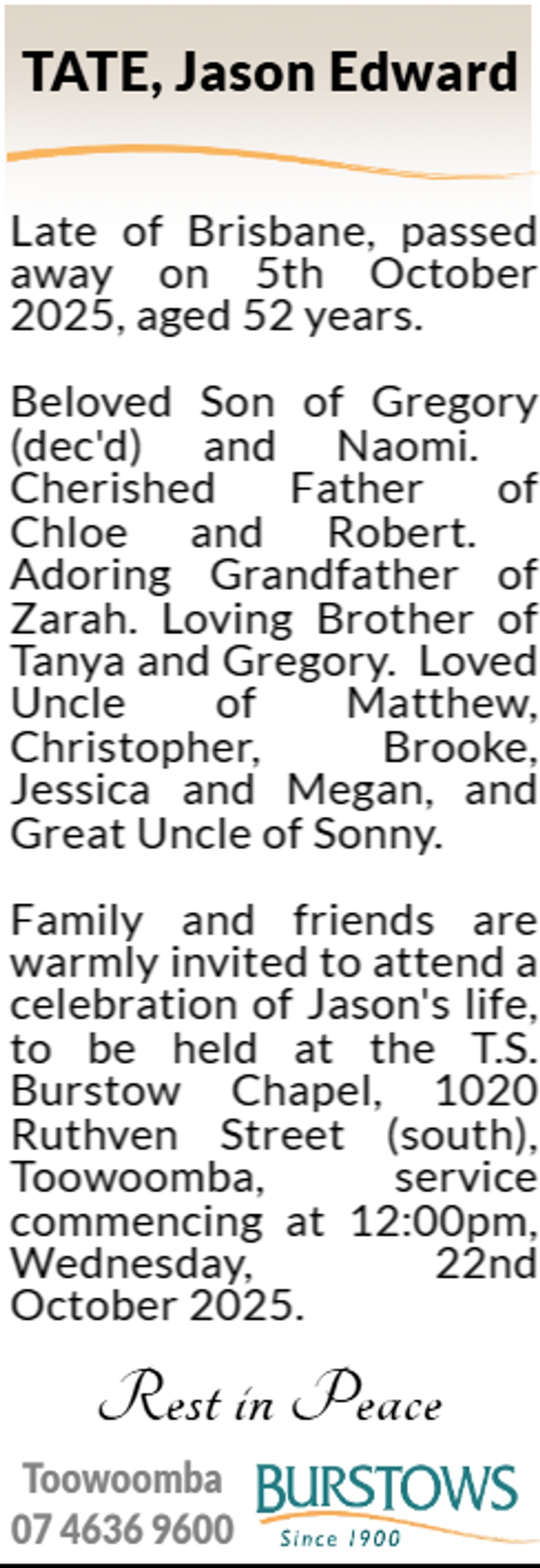 Funeral notice for Jason Edward Tate
