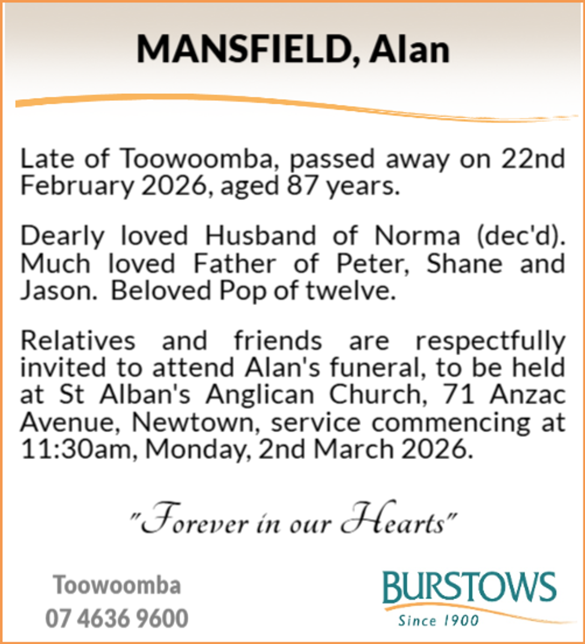 Funeral notice for Alan Mansfield