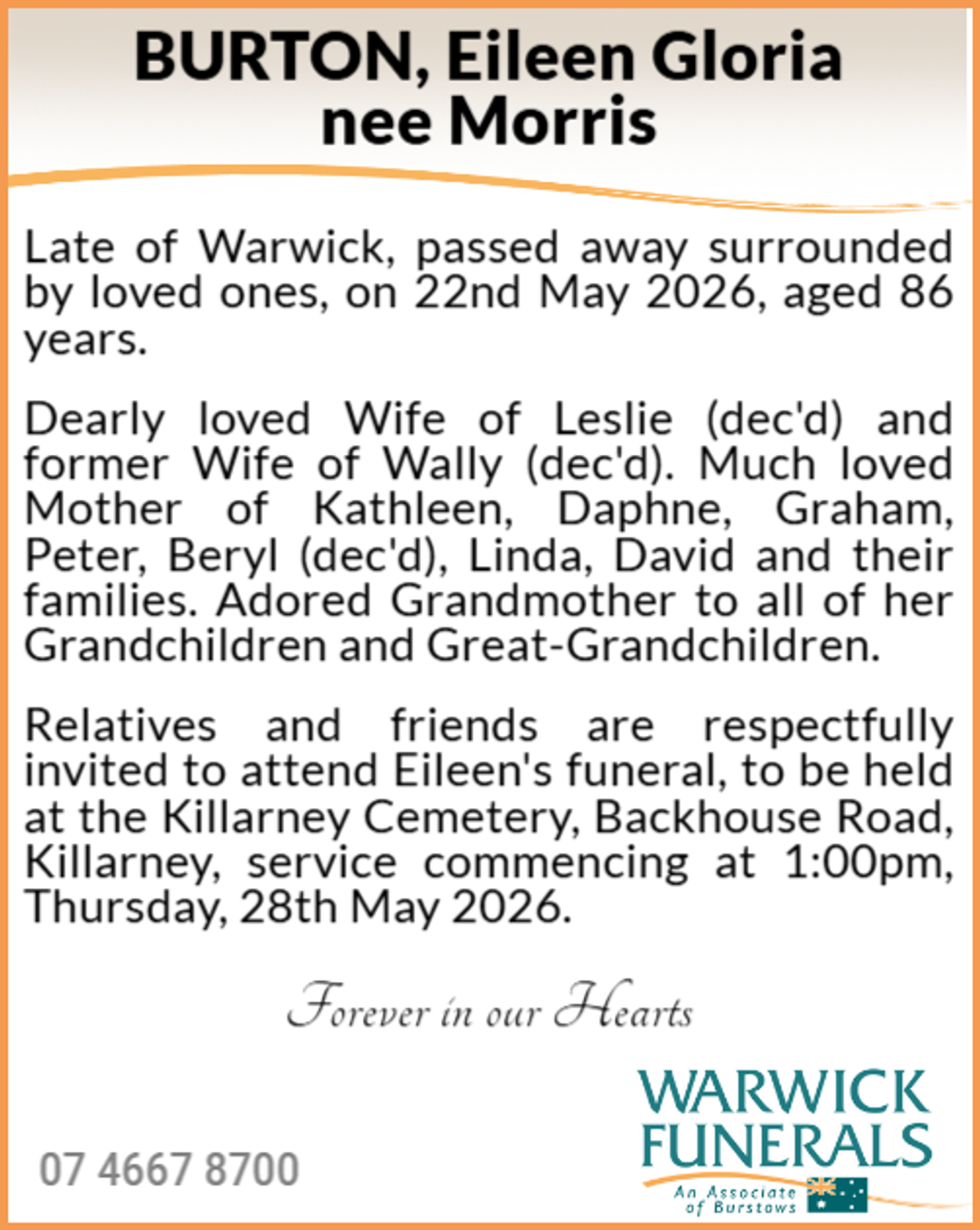 Funeral notice for Eileen Gloria Burton