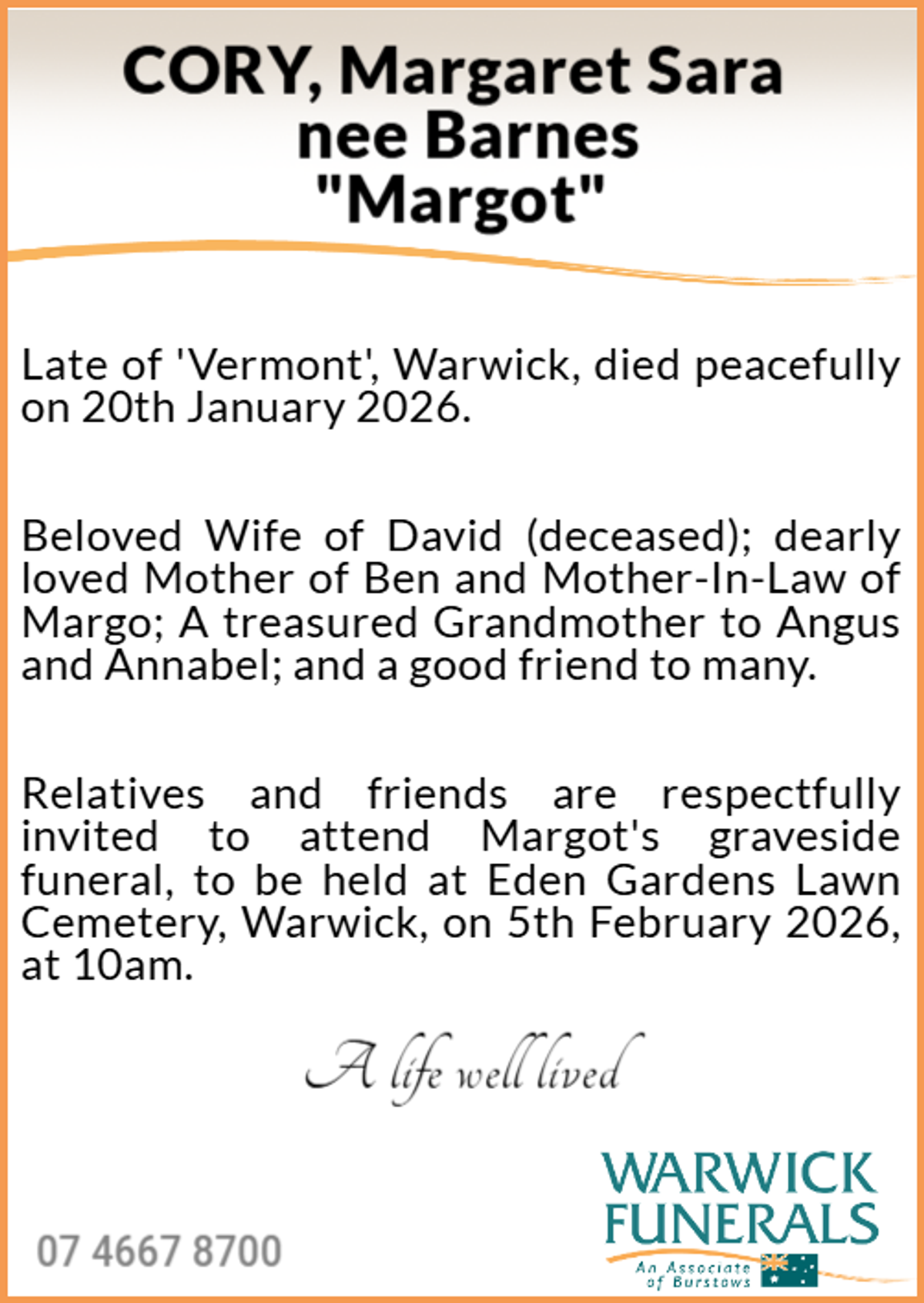 Funeral notice for Margaret Sara Cory