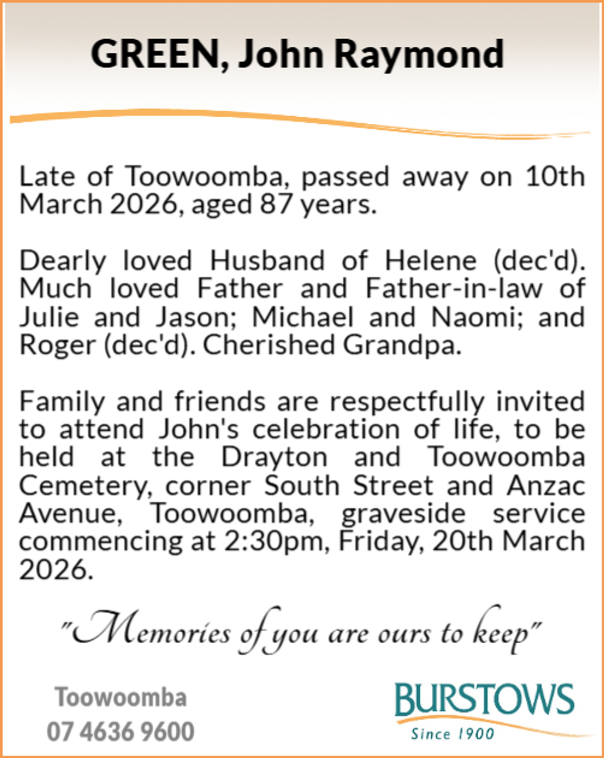 Funeral notice for John Raymond Green