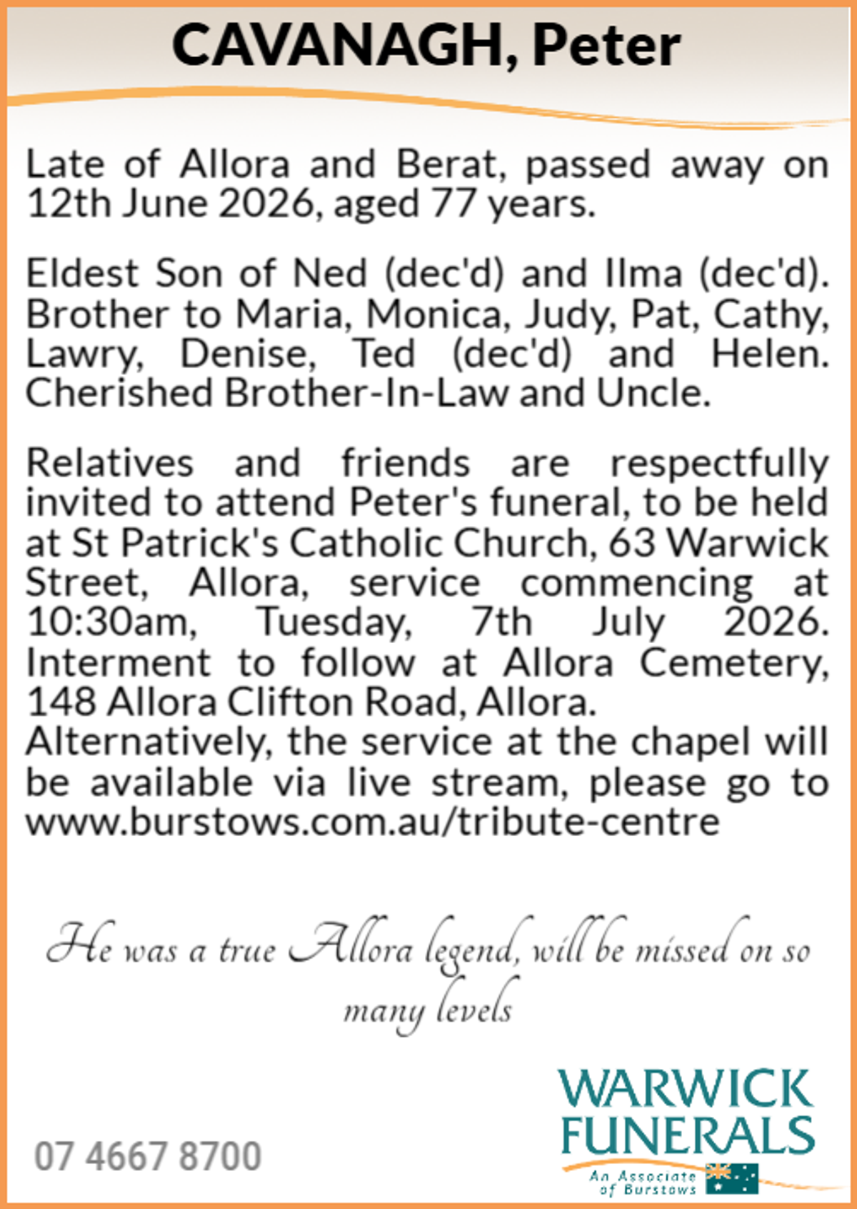 Funeral notice for Peter Cavanagh