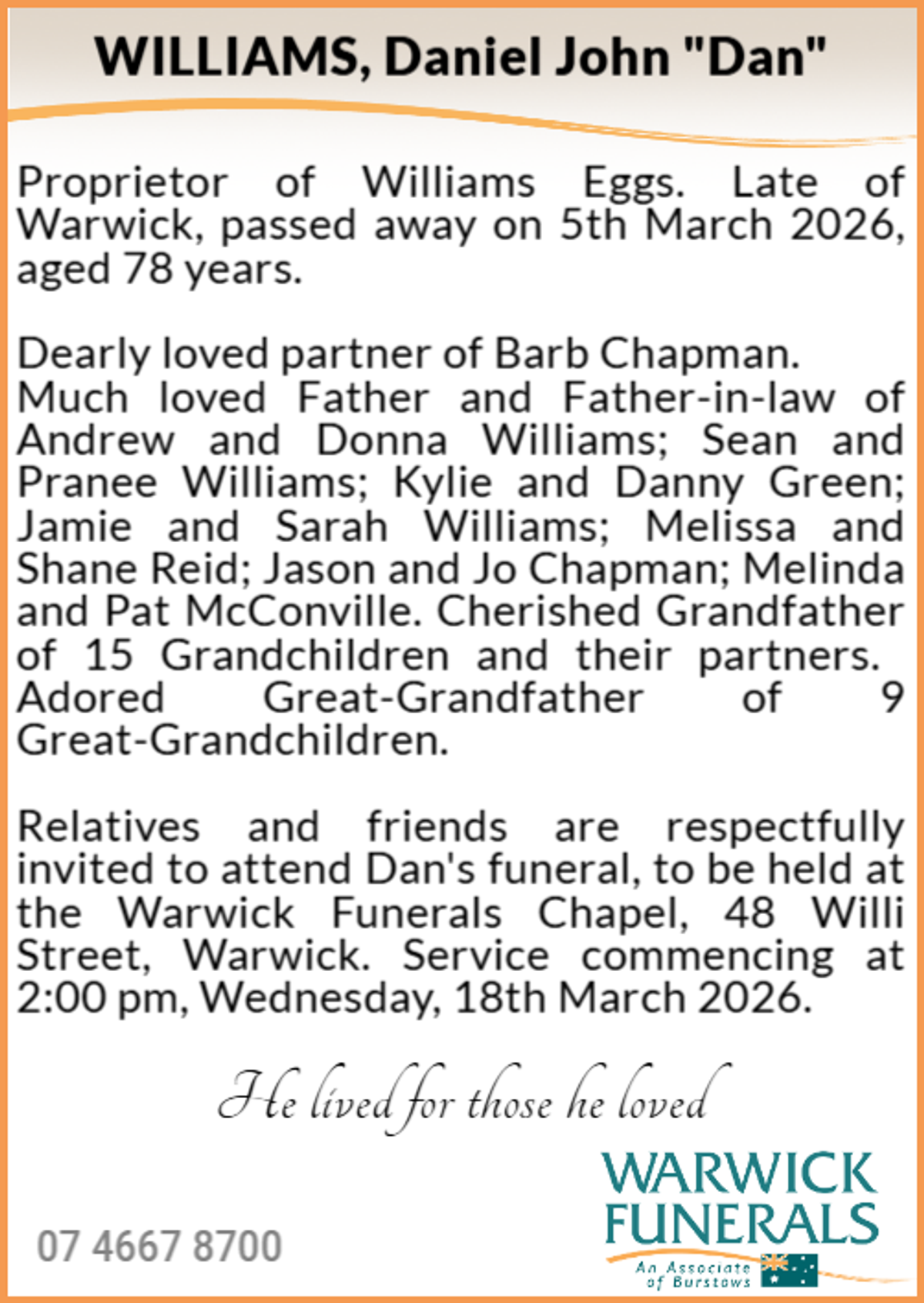 Funeral notice for Daniel John Williams