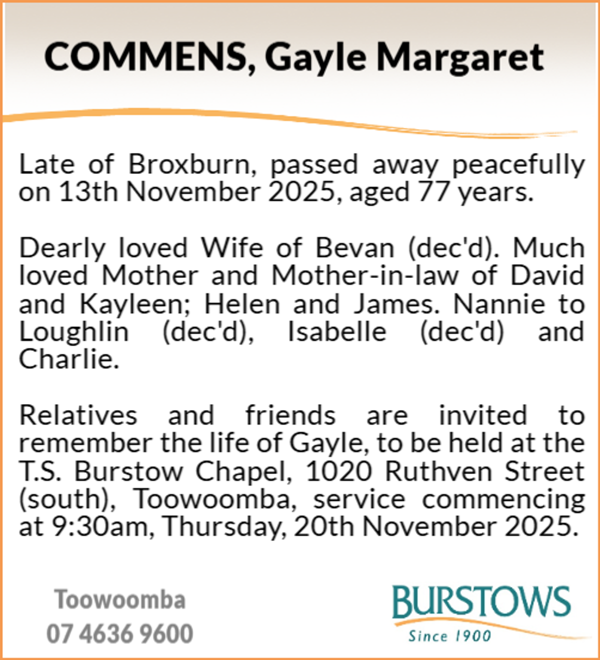 Funeral notice for Gayle Margaret Commens