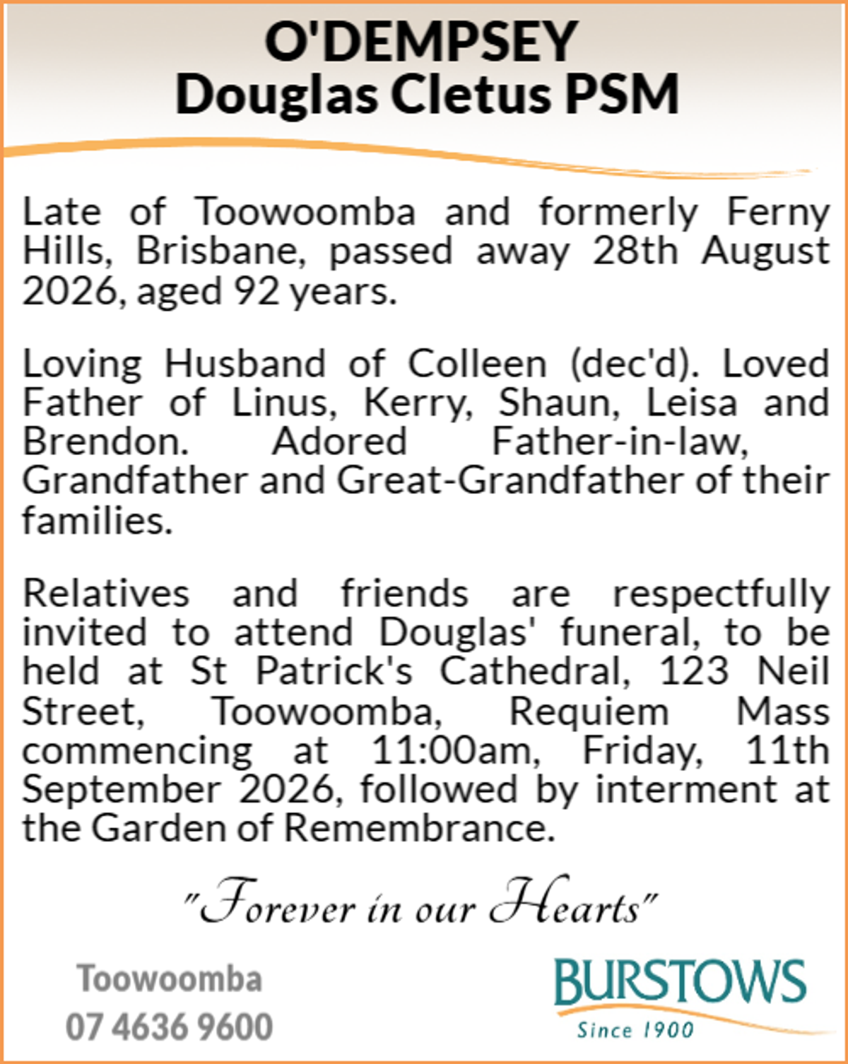 Funeral notice for Douglas Cletus O'Dempsey