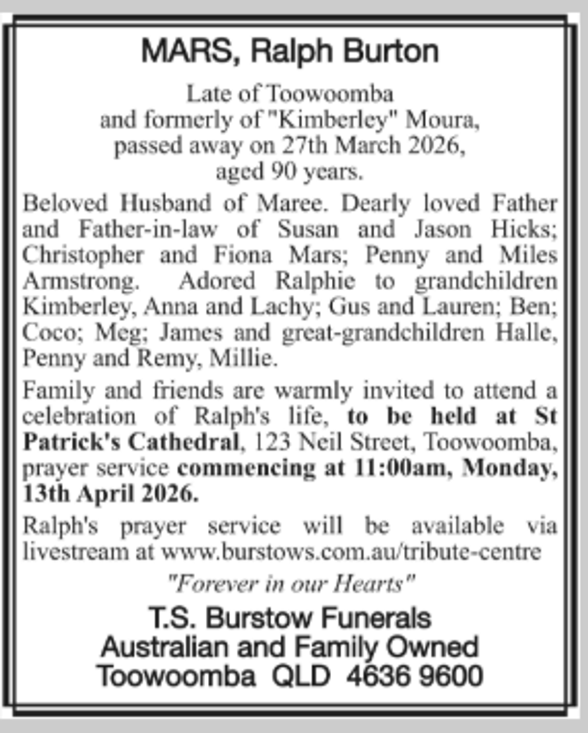Funeral notice for Ralph Burton Mars