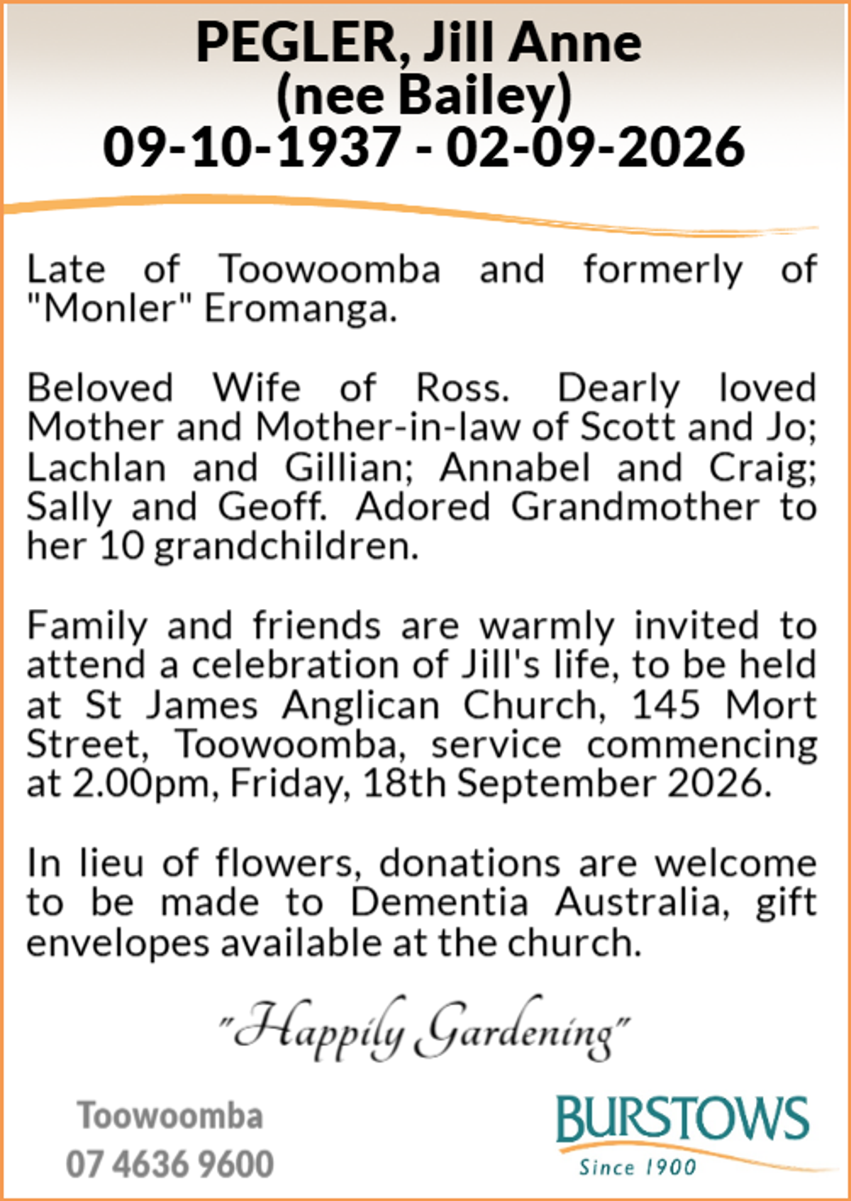 Funeral notice for Jill Anne Pegler