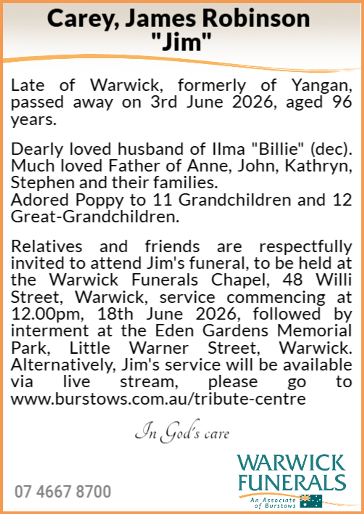 Funeral notice for James Robinson Carey