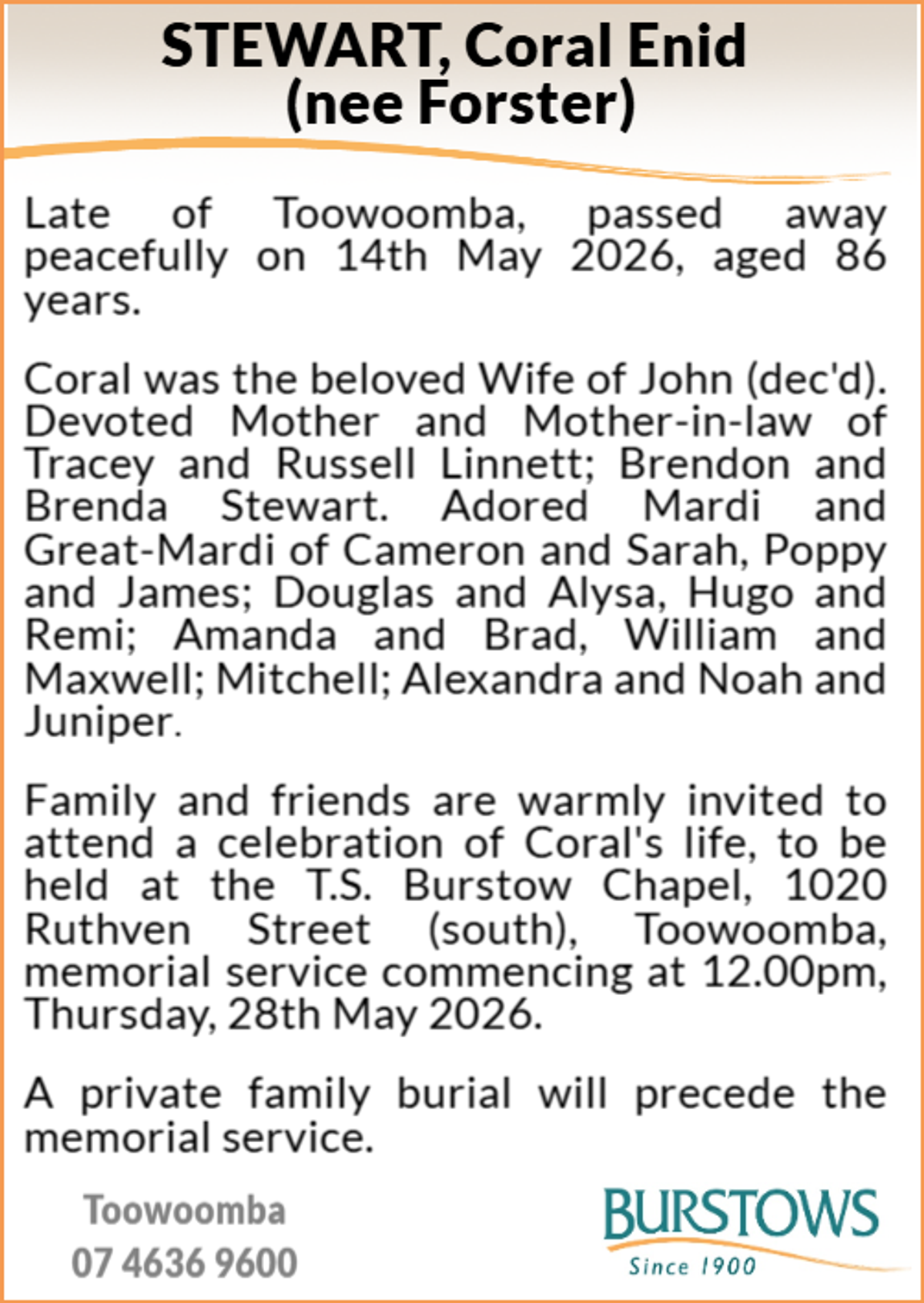 Funeral notice for Coral Enid Stewart