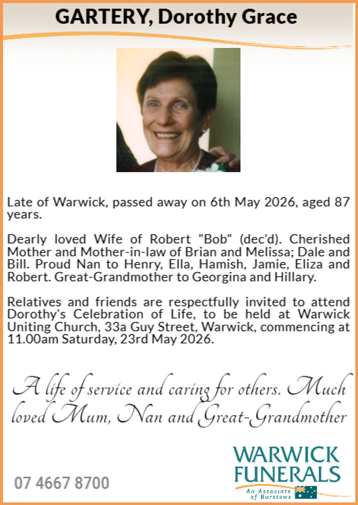 Funeral notice for Dorothy Grace Gartery