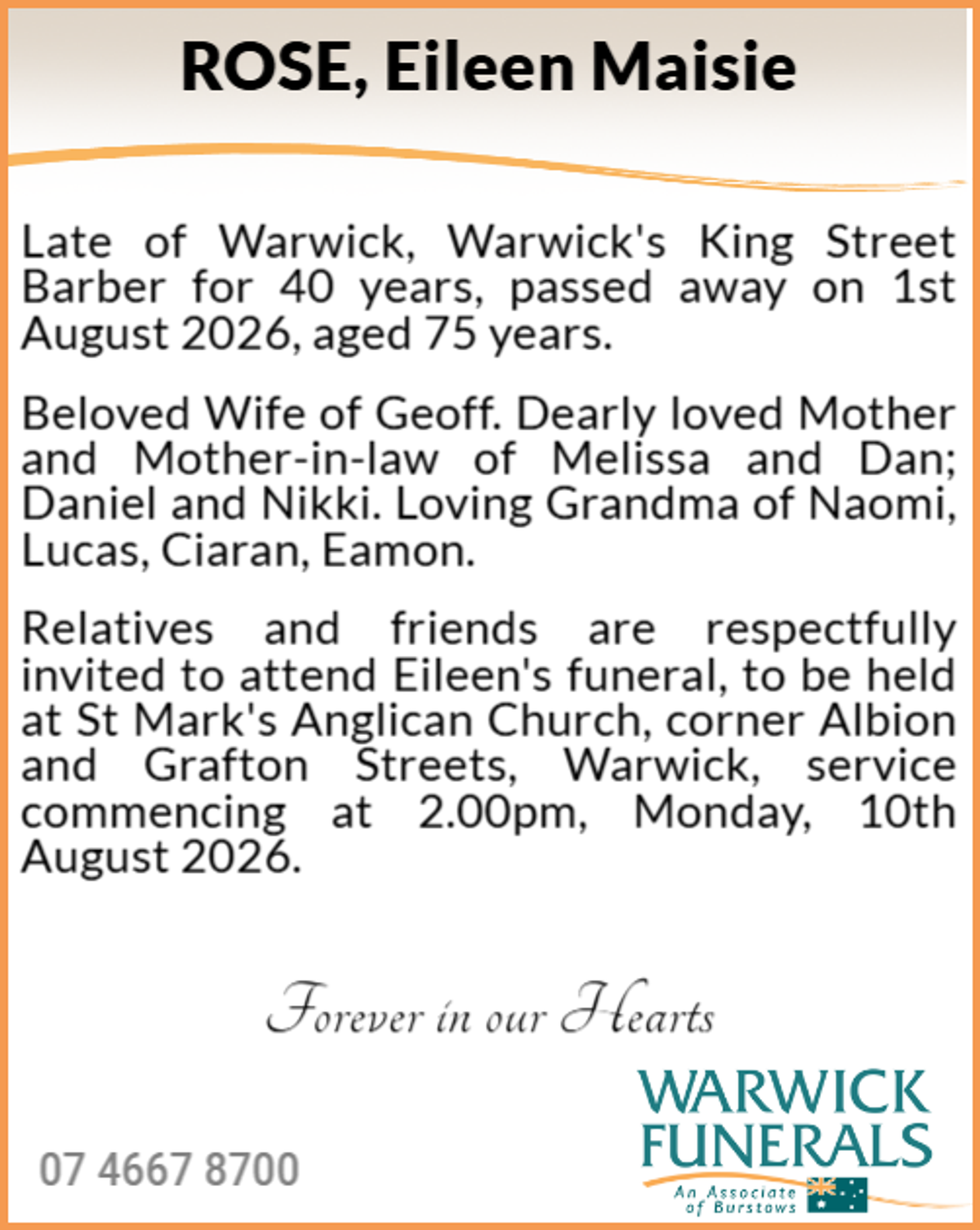 Funeral notice for Eileen Maisie Rose