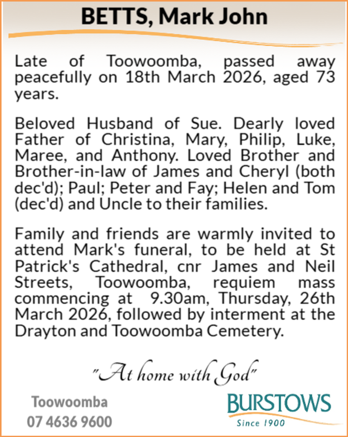 Funeral notice for Mark John Betts