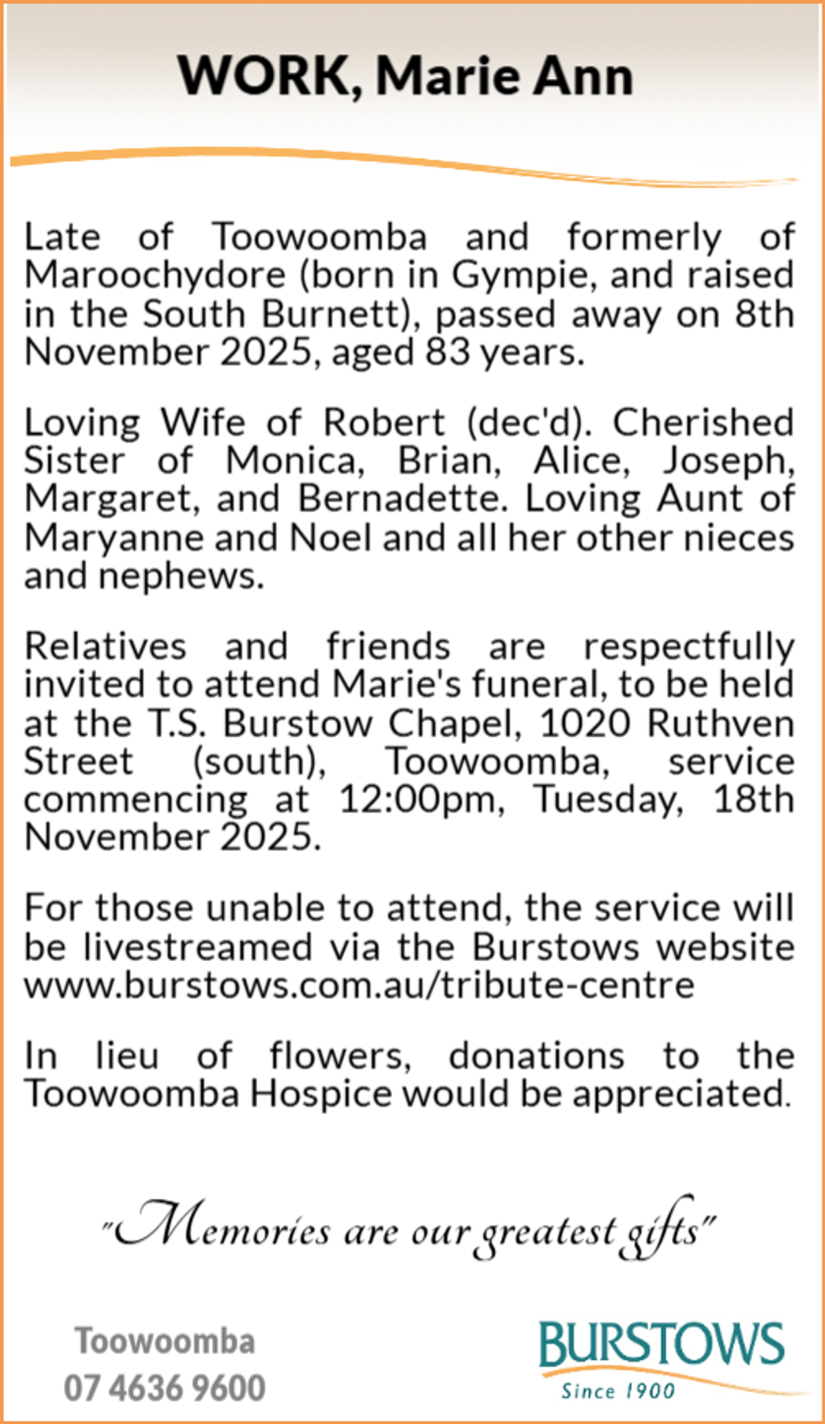 Funeral notice for Marie Ann Work