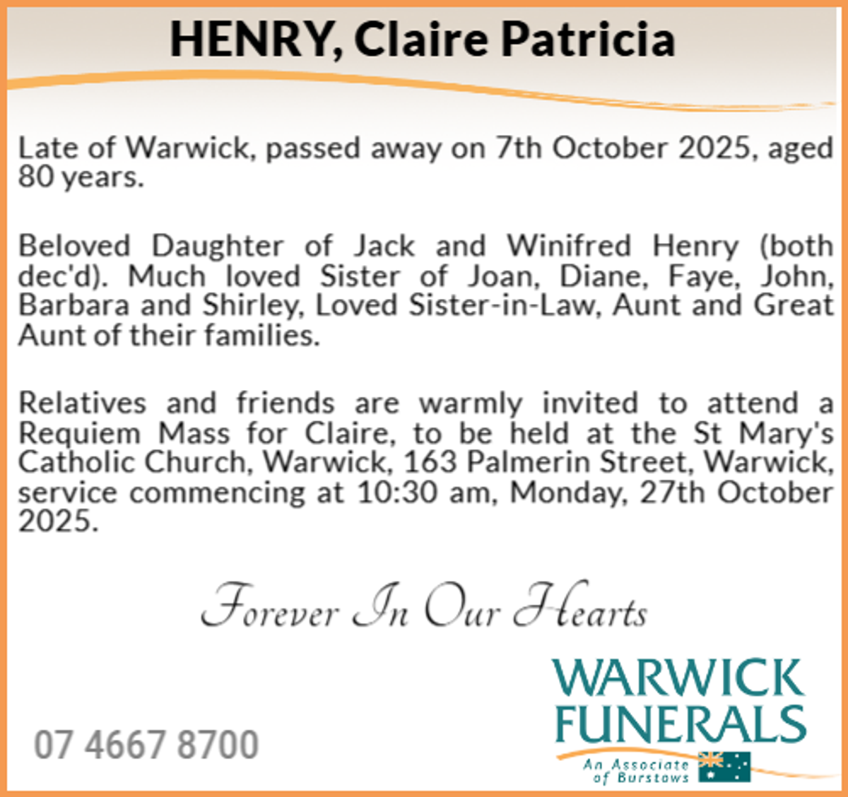 Funeral notice for Claire Patricia Henry