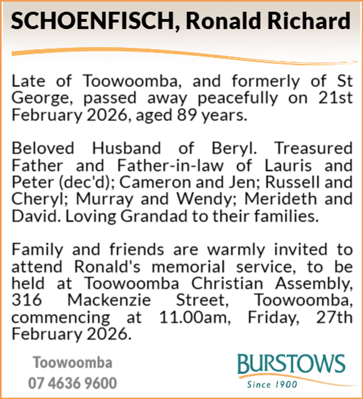 Funeral notice for Ronald Richard Schoenfisch