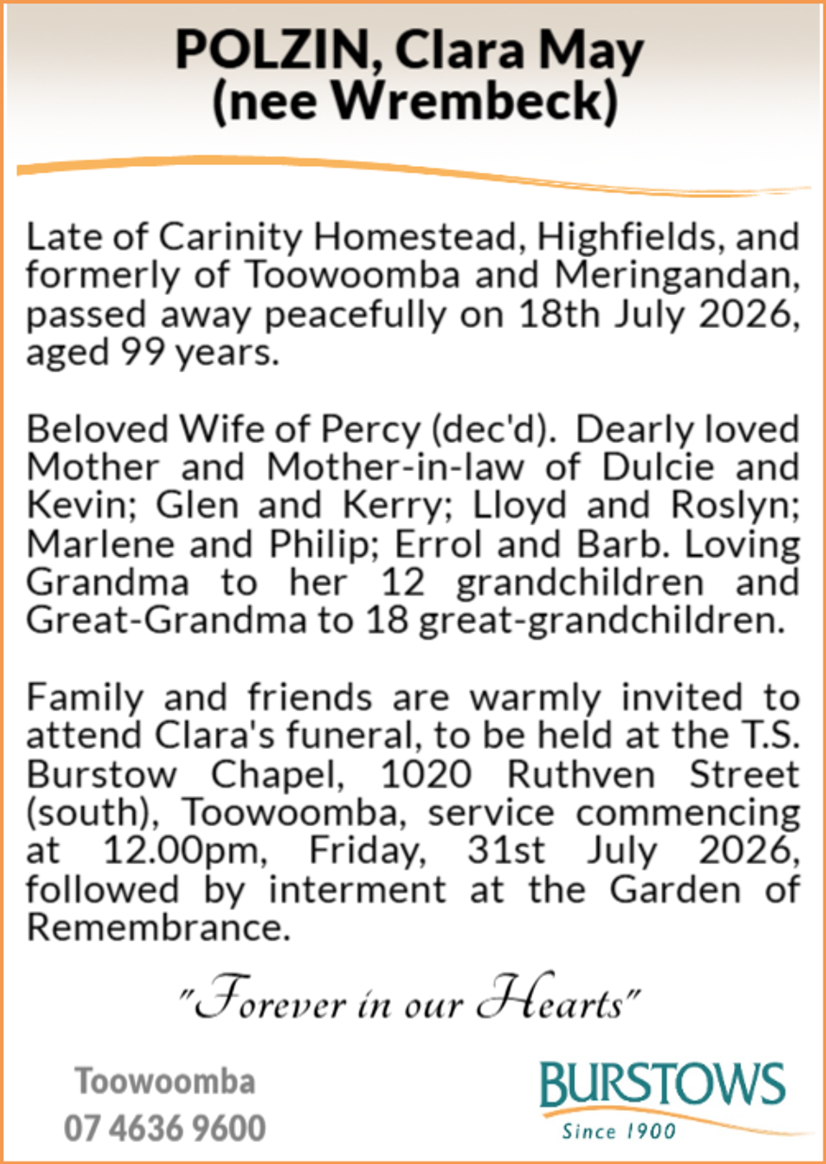 Funeral notice for Clara May Polzin