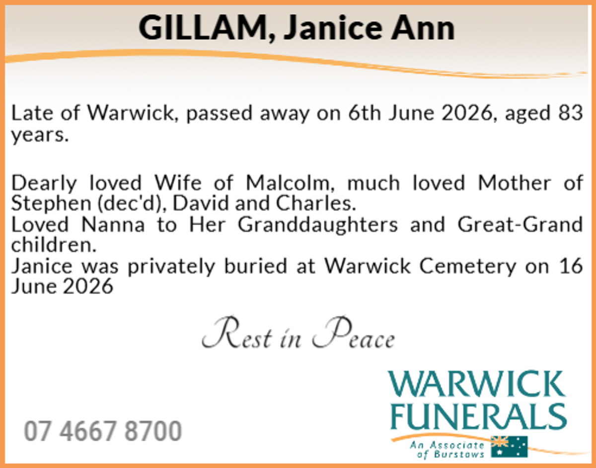 Funeral notice for Janice Ann Gillam