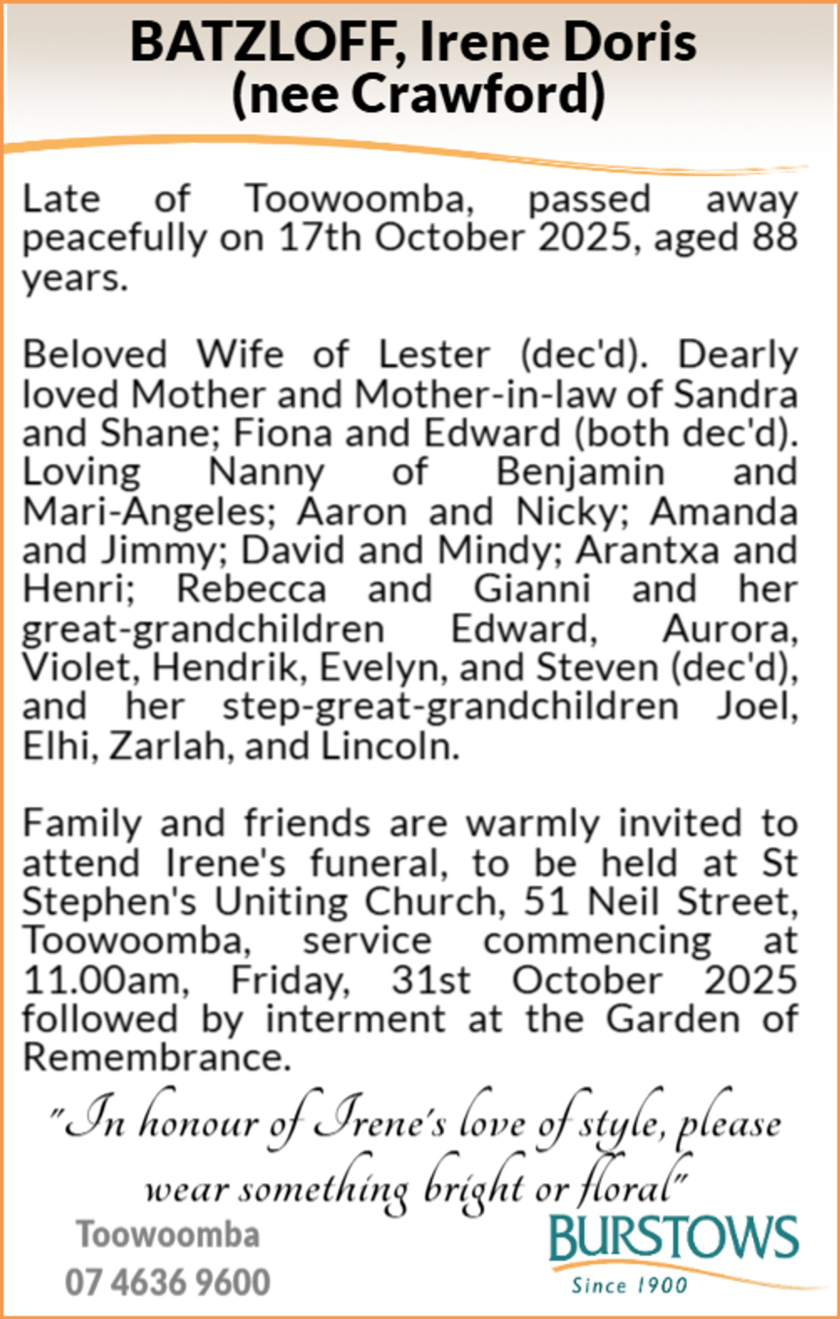 Funeral notice for Irene Doris Batzloff