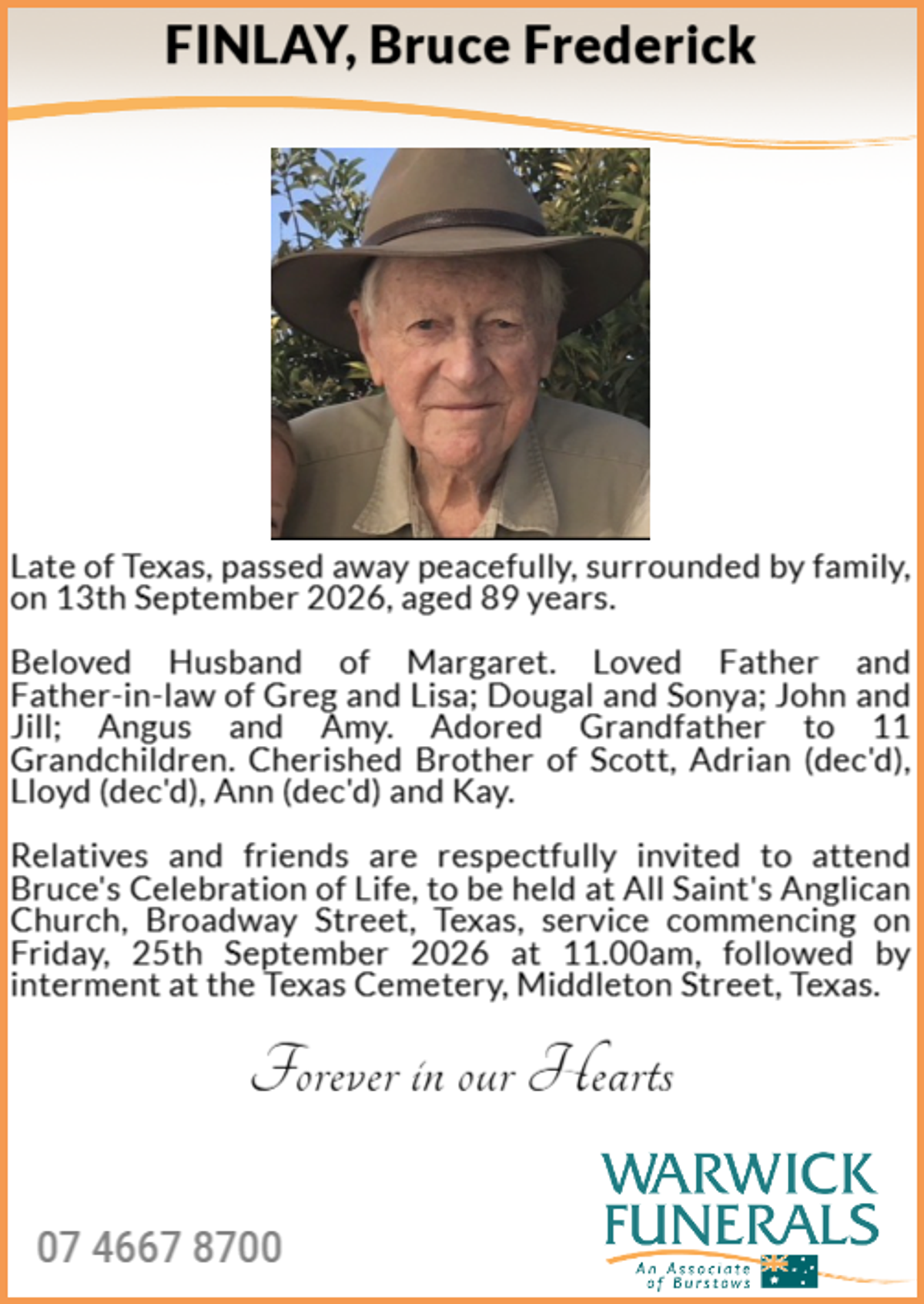 Funeral notice for Bruce Frederick Finlay