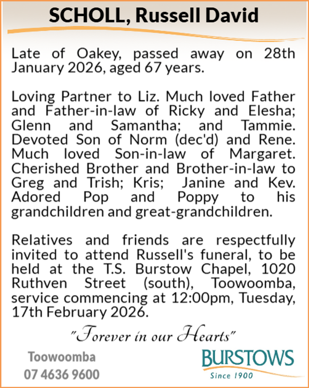 Funeral notice for Russell David Scholl