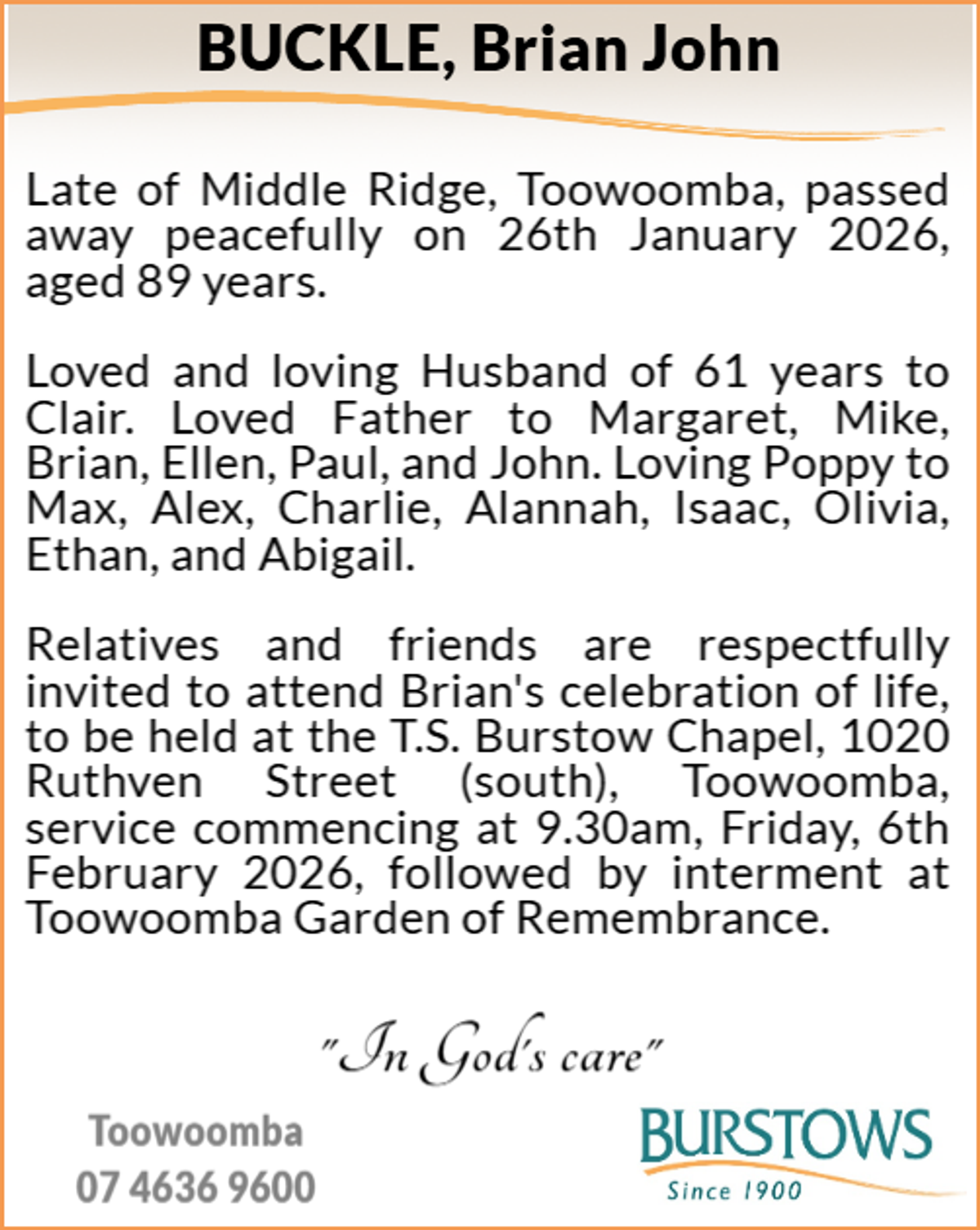 Funeral notice for Brian John Buckle