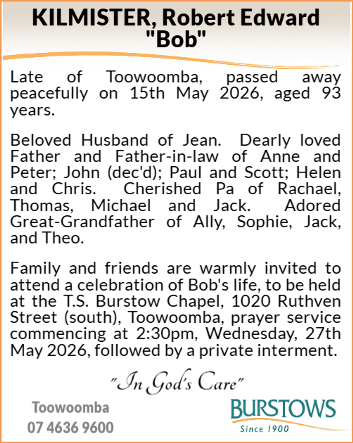 Funeral notice for Robert Edward Kilmister