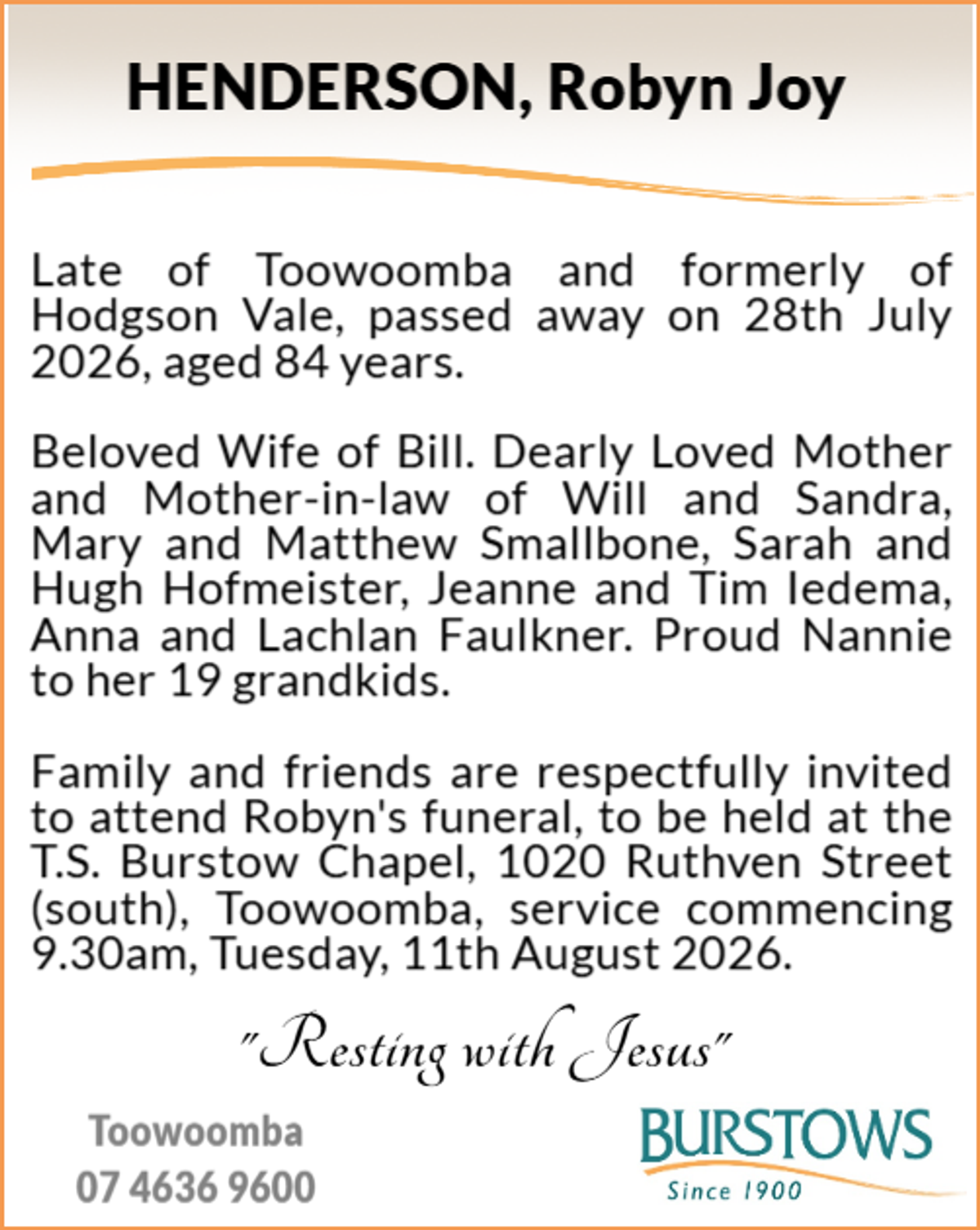 Funeral notice for Robyn Joy Henderson