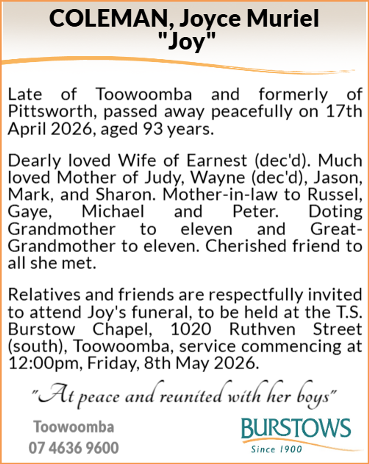 Funeral notice for Joyce Muriel Coleman