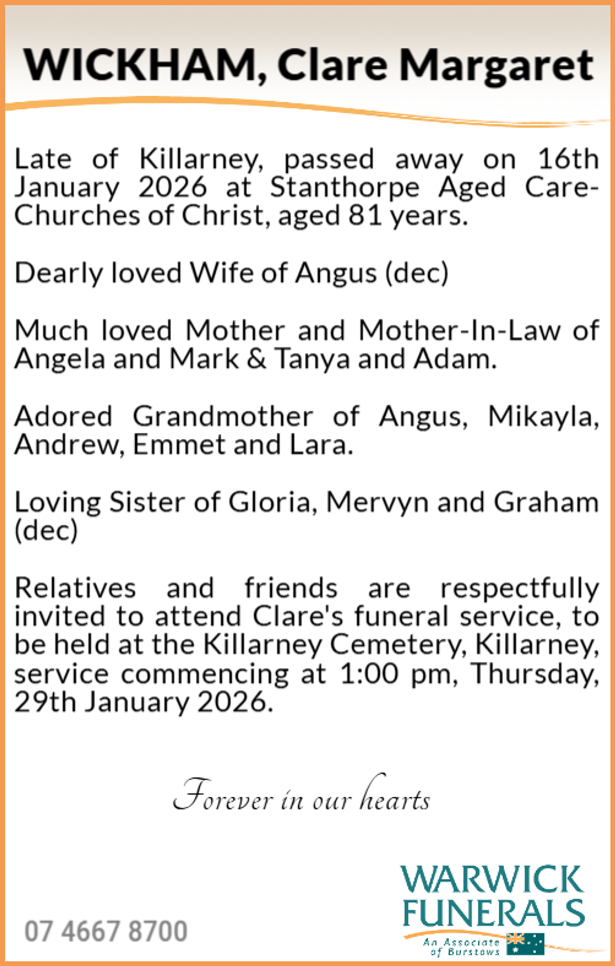 Funeral notice for Clare Margaret Wickham
