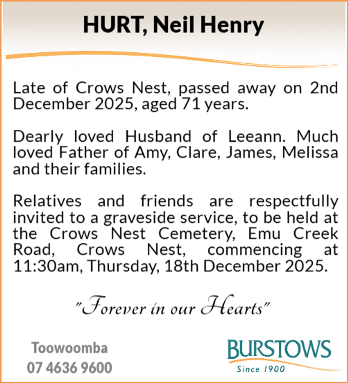 Funeral notice for Neil Henry Hurt