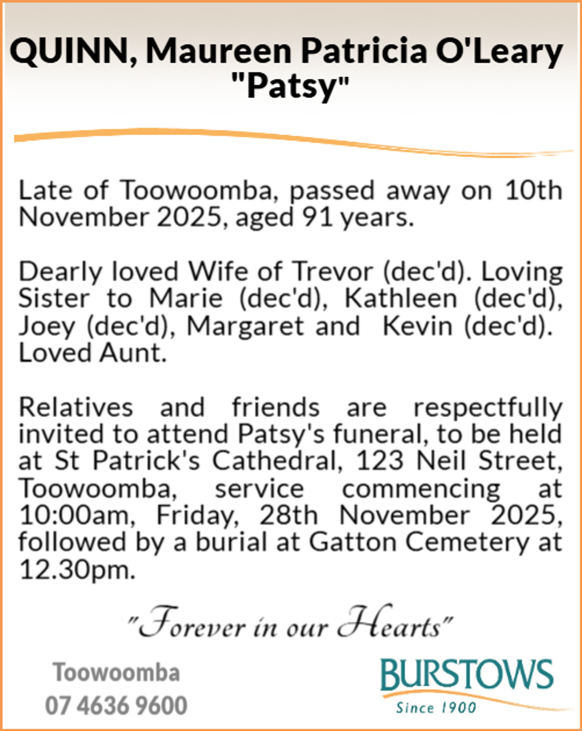 Funeral notice for Maureen Patricia O'Leary Quinn