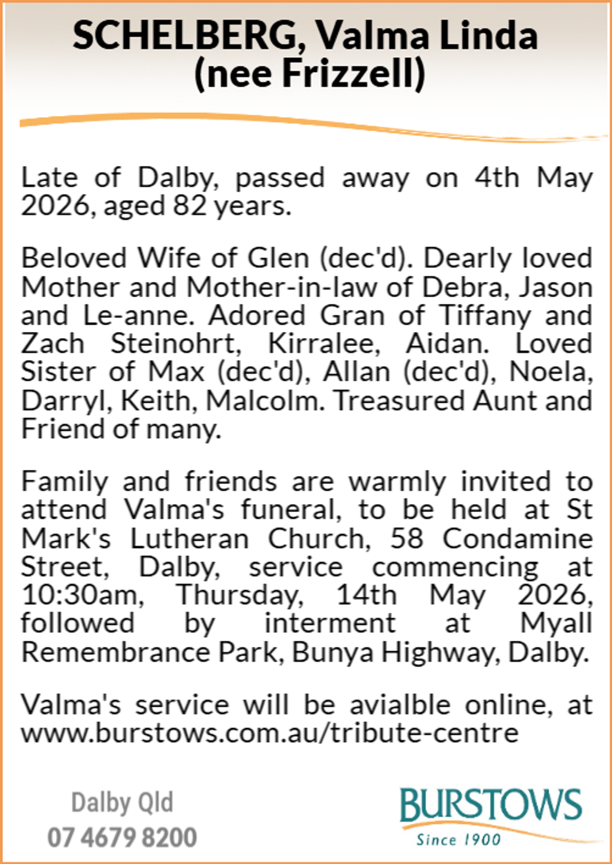 Funeral notice for Valma Linda Schelberg