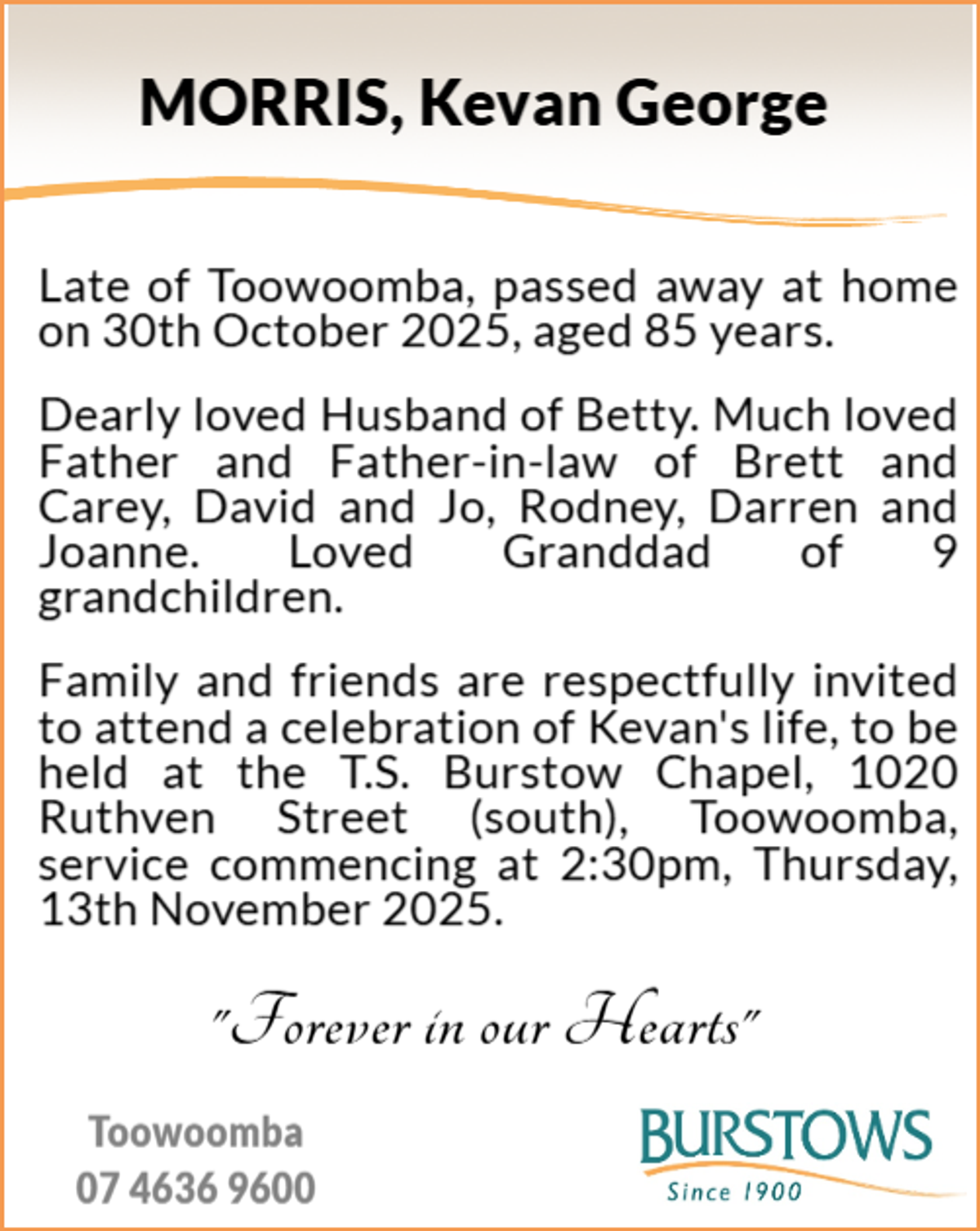 Funeral notice for Kevan George Morris